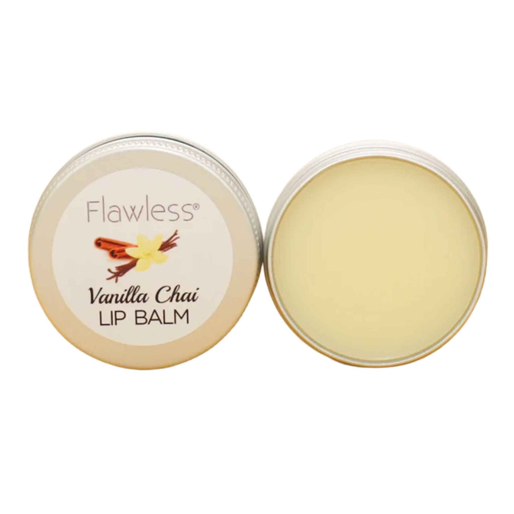 Flawless vanilla chai lip balm open tin. Vegan and cruelty-free. Available at Lovethical along with plenty of other vegan and cruelty-free beauty products, makeup, make up, toiletries and cosmetics for all your gift and present needs. 