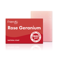 Load image into Gallery viewer, Friendly Soap rose geranium soap. Vegan and cruelty-free. Available at Lovethical along with plenty of other vegan and cruelty-free beauty products, makeup, make up, toiletries and cosmetics for all your gift and present needs. 
