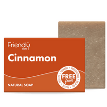 Load image into Gallery viewer, Friendly Soap cinnamon and cedarwood soap, boxed and unboxed. Vegan and cruelty-free. Available at Lovethical along with plenty of other vegan and cruelty-free beauty products, makeup, make up, toiletries and cosmetics for all your gift and present needs. 
