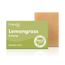 Load image into Gallery viewer, Friendly Soap lemongrass and hemp soap, boxed and unboxed. Vegan and cruelty-free. Available at Lovethical along with plenty of other vegan and cruelty-free beauty products, makeup, make up, toiletries and cosmetics for all your gift and present needs. 
