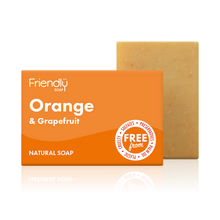 Load image into Gallery viewer, Friendly Soap orange and grapefruit soap, boxed and unboxed. Vegan and cruelty-free. Available at Lovethical along with plenty of other vegan and cruelty-free beauty products, makeup, make up, toiletries and cosmetics for all your gift and present needs. 
