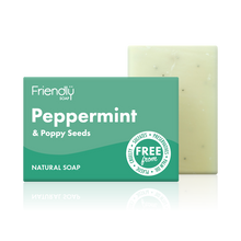 Load image into Gallery viewer, Friendly Soap peppermint and poppy seed soap, boxed and unboxed. Vegan and cruelty-free. Available at Lovethical along with plenty of other vegan and cruelty-free beauty products, makeup, make up, toiletries and cosmetics for all your gift and present needs. 
