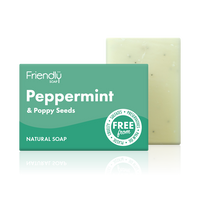 Friendly Soap peppermint and poppy seed soap, boxed and unboxed. Vegan and cruelty-free. Available at Lovethical along with plenty of other vegan and cruelty-free beauty products, makeup, make up, toiletries and cosmetics for all your gift and present needs. 