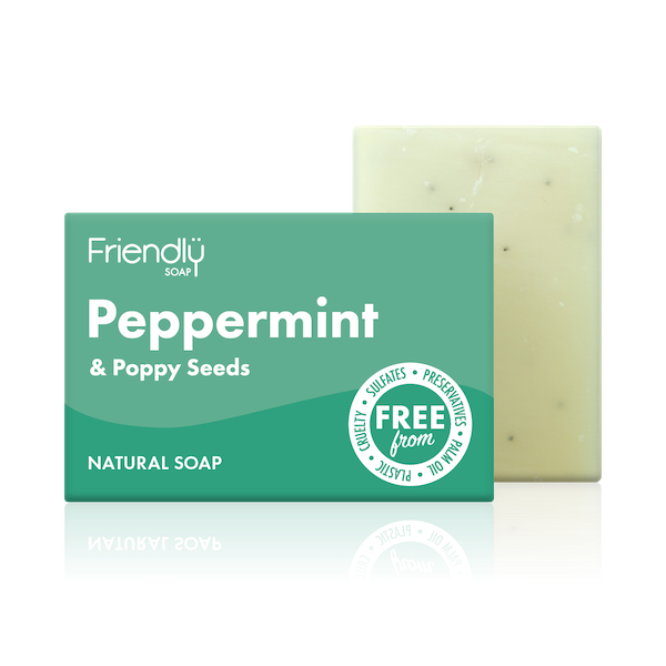 Friendly Soap peppermint and poppy seed soap, boxed and unboxed. Vegan and cruelty-free. Available at Lovethical along with plenty of other vegan and cruelty-free beauty products, makeup, make up, toiletries and cosmetics for all your gift and present needs. 