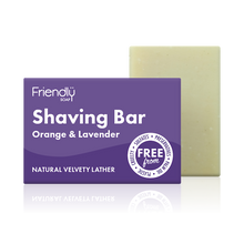 Load image into Gallery viewer, Friendly Soap orange and lavender shaving bar, boxed and unboxed. Vegan and cruelty-free. Available at Lovethical along with plenty of other vegan and cruelty-free beauty products, makeup, make up, toiletries and cosmetics for all your gift and present needs. 
