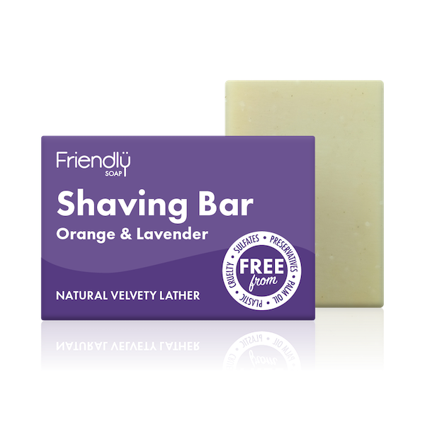 Friendly Soap orange and lavender shaving bar, boxed and unboxed. Vegan and cruelty-free. Available at Lovethical along with plenty of other vegan and cruelty-free beauty products, makeup, make up, toiletries and cosmetics for all your gift and present needs. 