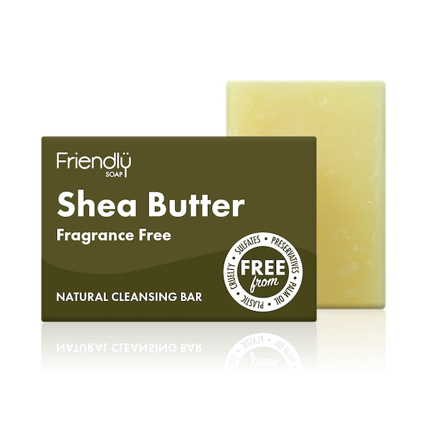 Friendly Soap shea butter fragrance free cleansing bar, boxed and unboxed. Vegan and cruelty-free. Available at Lovethical along with plenty of other vegan and cruelty-free beauty products, makeup, make up, toiletries and cosmetics for all your gift and present needs. 