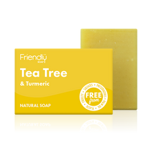 Load image into Gallery viewer, Friendly Soap tea tree and turmeric soap, boxed and unboxed. Vegan and cruelty-free. Available at Lovethical along with plenty of other vegan and cruelty-free beauty products, makeup, make up, toiletries and cosmetics for all your gift and present needs. 
