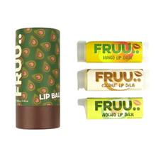 Load image into Gallery viewer, Fruu lip balm trio gift set. Vegan and cruelty-free. Available at Lovethical along with plenty of other vegan and cruelty-free beauty products, makeup, make up, toiletries and cosmetics for all your gift and present needs. 
