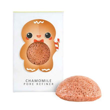 Load image into Gallery viewer, The Konjac Sponge Company Mini Pore Refiner Gingerbread Man. Picture shows a close up of the konjac sponge alongside its packaging. Vegan and cruelty-free. Available at Lovethical along with plenty of other vegan and cruelty-free beauty products, makeup, make up, toiletries and cosmetics for all your gift and present needs. 
