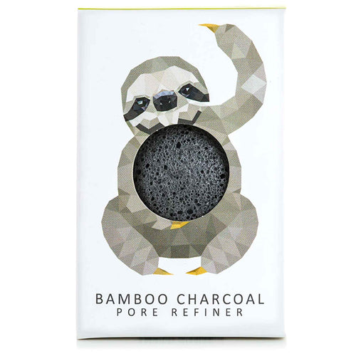 The Konjac Sponge Company Mini Pore Refiner Sloth With Bamboo and Charcoal. Picture shows the beautiful packaging that has a cute picture of a sloth on it. Vegan and cruelty-free. Available at Lovethical along with plenty of other vegan and cruelty-free beauty products, makeup, make up, toiletries and cosmetics for all your gift and present needs. 