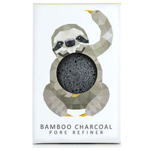 Load image into Gallery viewer, The Konjac Sponge Company Mini Pore Refiner Sloth With Bamboo and Charcoal. Picture shows the beautiful packaging that has a cute picture of a sloth on it. Vegan and cruelty-free. Available at Lovethical along with plenty of other vegan and cruelty-free beauty products, makeup, make up, toiletries and cosmetics for all your gift and present needs. 
