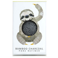 The Konjac Sponge Company Mini Pore Refiner Sloth With Bamboo and Charcoal. Picture shows the beautiful packaging that has a cute picture of a sloth on it. Vegan and cruelty-free. Available at Lovethical along with plenty of other vegan and cruelty-free beauty products, makeup, make up, toiletries and cosmetics for all your gift and present needs. 