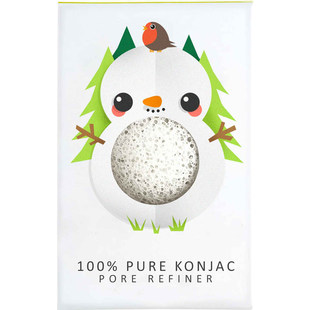 The Konjac Sponge Company Mini Pore Refiner Snowman. Picture shows the beautiful packaging that has a cute picture of a snowman on it. Vegan and cruelty-free. Available at Lovethical along with plenty of other vegan and cruelty-free beauty products, makeup, make up, toiletries and cosmetics for all your gift and present needs. 