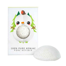 Load image into Gallery viewer, The Konjac Sponge Company Mini Pore Refiner Snowman. Picture shows a close up of the konjac sponge alongside its packaging. Vegan and cruelty-free. Available at Lovethical along with plenty of other vegan and cruelty-free beauty products, makeup, make up, toiletries and cosmetics for all your gift and present needs. 

