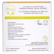 Load image into Gallery viewer, The Konjac Sponge Company Konjac Sponge. Picture shows the back of the packaging to highlight all the ethical credentials of the product and why it&#39;s a great product. Vegan and cruelty-free. Available at Lovethical along with plenty of other vegan and cruelty-free beauty products, makeup, make up, toiletries and cosmetics for all your gift and present needs. 
