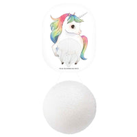 The Konjac Sponge Company Mini Pore Refiner Unicorn With Shower Hook. Picture shows a close up of the konjac sponge hanging on the unicorn shower hook. Vegan and cruelty-free. Available at Lovethical along with plenty of other vegan and cruelty-free beauty products, makeup, make up, toiletries and cosmetics for all your gift and present needs. 