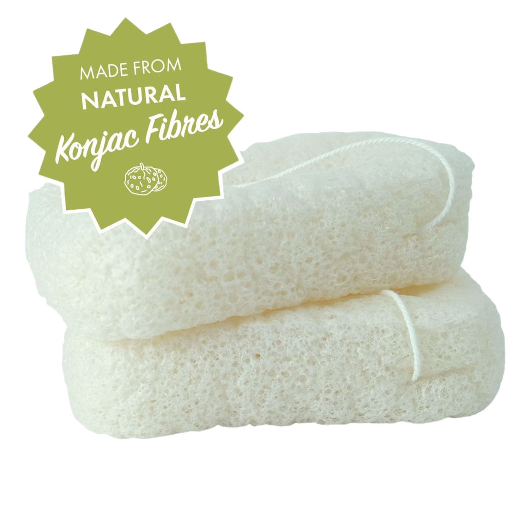 Friendly Soap konjac sponge - photo shows two konjac sponges. Vegan and cruelty-free. Available at Lovethical along with plenty of other vegan and cruelty-free beauty products, makeup, make up, toiletries and cosmetics for all your gift and present needs. 