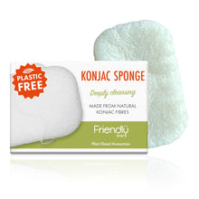 Load image into Gallery viewer, Friendly Soap konjac sponge - photo shows two konjac sponges, one wet and one dry, and the wet one has expanded to be a lot bigger. Vegan and cruelty-free. Available at Lovethical along with plenty of other vegan and cruelty-free beauty products, makeup, make up, toiletries and cosmetics for all your gift and present needs. 
