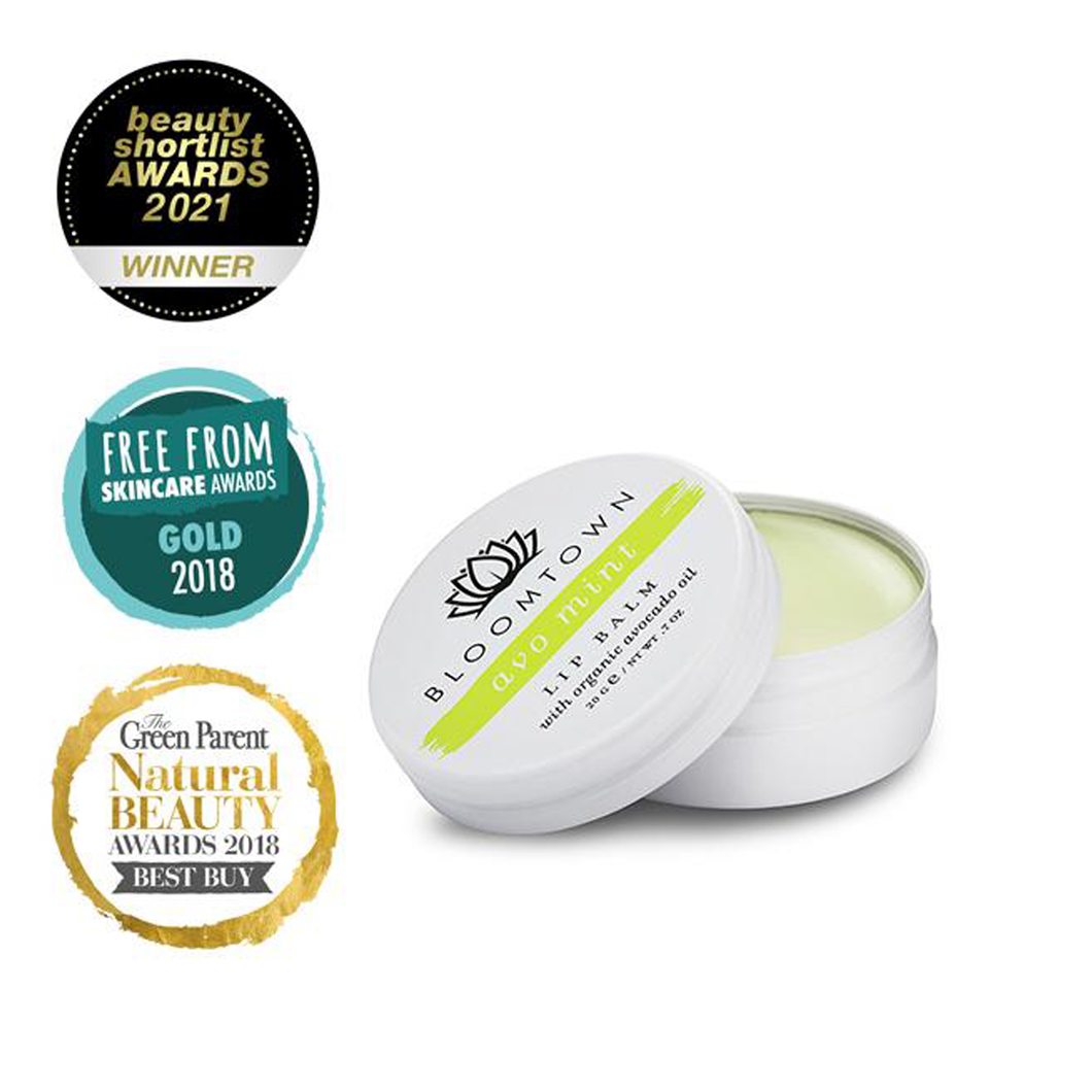 Bloomtown lip balm avo mint tin, with Free From Skincare Awards Gold 2018 winner badge and The Green Parent Natural Beauty Awards 2018 Best Buy winner badge. Vegan and cruelty-free. Available at Lovethical along with plenty of other vegan and cruelty-free beauty products, makeup, make up, toiletries and cosmetics for all your gift and present needs. 