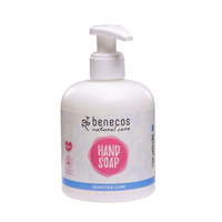 Pot of benecos liquid hand soap - sensitive care. Vegan and cruelty-free. Available at Lovethical along with plenty of other vegan and cruelty-free beauty products, makeup, make up, toiletries and cosmetics for all your gift and present needs. 
