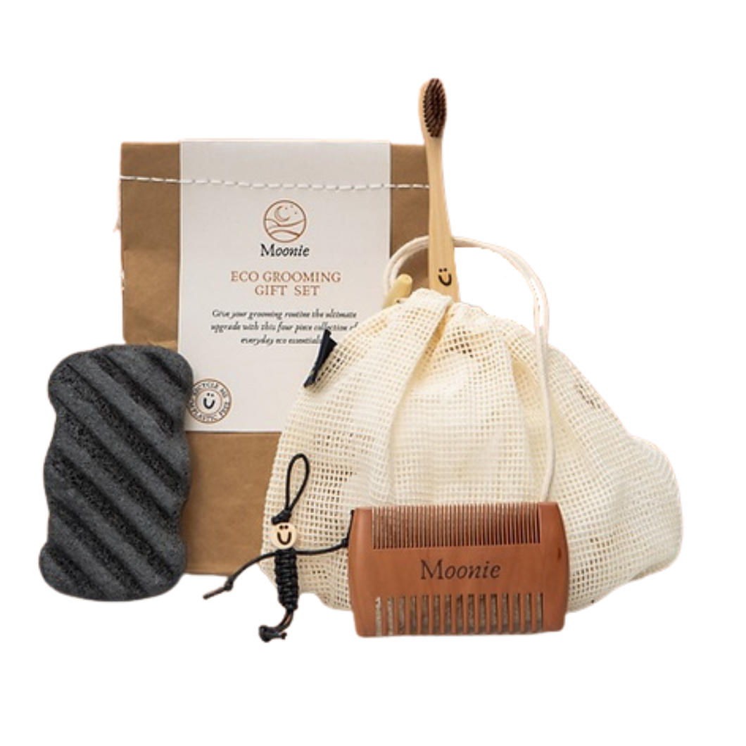 Moonie eco grooming gift set. Vegan and cruelty-free. Available at Lovethical along with plenty of other vegan and cruelty-free beauty products, makeup, make up, toiletries and cosmetics for all your gift and present needs. 