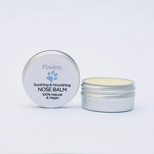 Load image into Gallery viewer, Flawless nose balm for dogs - soothing and nourishing. Image shows two of the products, on of them is open and one is closed. Vegan and cruelty-free. Available at Lovethical along with plenty of other vegan and cruelty-free beauty products, makeup, make up, toiletries and cosmetics for all your gift and present needs. 
