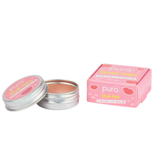 Load image into Gallery viewer, Pura Cosmetics pink tinted lip balm. Vegan and cruelty-free. Image shows an open tin of the lip balm alongside its cardboard outer packaging. Available at Lovethical along with plenty of other vegan and cruelty-free beauty products, makeup, make up, toiletries and cosmetics for all your gift and present needs. 
