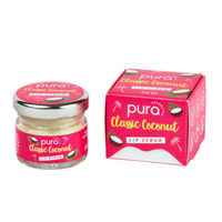 Glass pot of Pura Cosmetics classic coconut lip scrub. Image shows the lip scrub and its outer packaging. Vegan and cruelty-free. Available at Lovethical along with plenty of other vegan and cruelty-free beauty products, makeup, make up, toiletries and cosmetics for all your gift and present needs. 