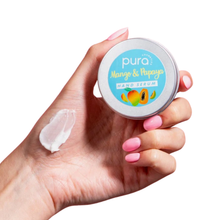 Load image into Gallery viewer, Pura Cosmetics mango and papaya hand serum. Vegan and cruelty-free. Image shows the a hand holding a pot of the hand serum, with some of the cream neatly smeared across the wrist. Available at Lovethical along with plenty of other vegan and cruelty-free beauty products, makeup, make up, toiletries and cosmetics for all your gift and present needs. 
