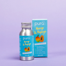 Load image into Gallery viewer, Pura Cosmetics mango and papaya hand cleansing gel. Vegan and cruelty-free. Image shows the bottle alongside its cardboard outer packaging. Available at Lovethical along with plenty of other vegan and cruelty-free beauty products, makeup, make up, toiletries and cosmetics for all your gift and present needs. 
