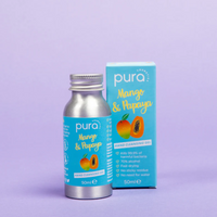 Pura Cosmetics mango and papaya hand cleansing gel. Vegan and cruelty-free. Image shows the bottle alongside its cardboard outer packaging. Available at Lovethical along with plenty of other vegan and cruelty-free beauty products, makeup, make up, toiletries and cosmetics for all your gift and present needs. 