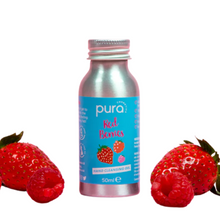 Load image into Gallery viewer, Pura Cosmetics red berries hand cleansing gel. Vegan and cruelty-free. Image shows the bottle with some strawberries and raspberries beside it. Available at Lovethical along with plenty of other vegan and cruelty-free beauty products, makeup, make up, toiletries and cosmetics for all your gift and present needs. 
