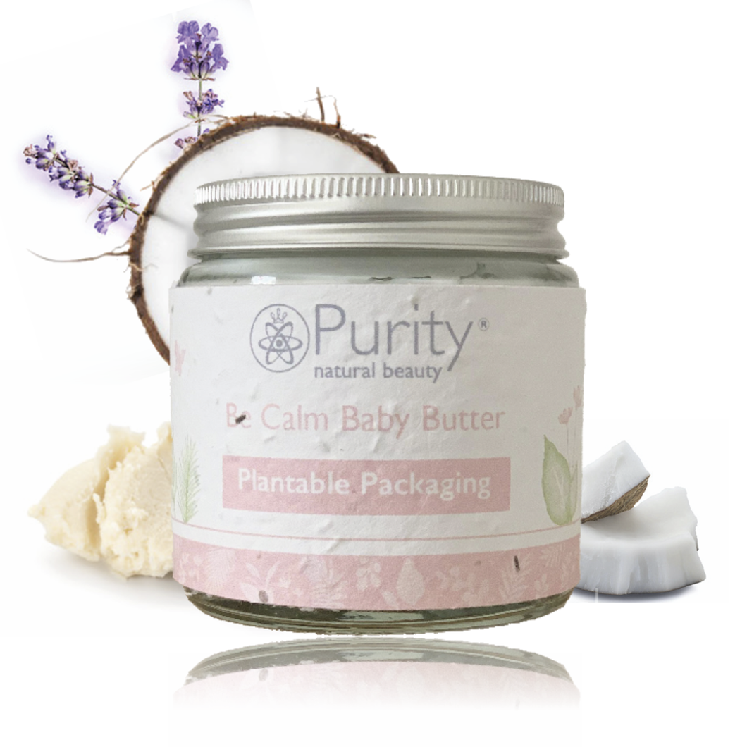 Pot of Purity's Be Calm Baby Butter with plantable packaging. Vegan and cruelty-free. Available at Lovethical along with plenty of other vegan and cruelty-free beauty products, makeup, make up, toiletries and cosmetics for all your gift and present needs. 