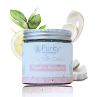 Pot of Purity's Clear Skin Cream with plantable packaging. Vegan and cruelty-free. Available at Lovethical along with plenty of other vegan and cruelty-free beauty products, makeup, make up, toiletries and cosmetics for all your gift and present needs. 
