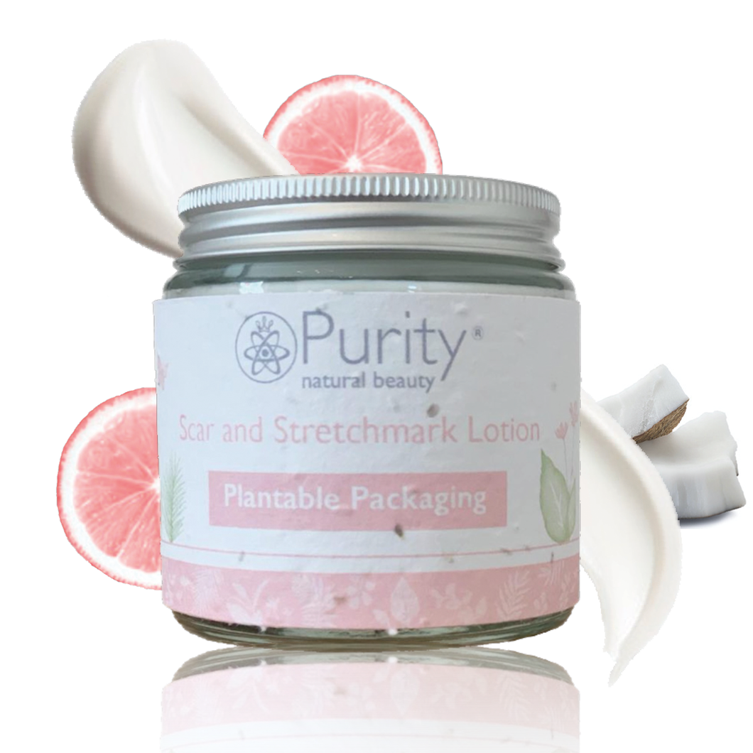 Picture of Purity's Scar and Stretchmark Lotion with white background. Vegan and cruelty-free. Available at Lovethical along with plenty of other vegan and cruelty-free beauty products, makeup, make up, toiletries and cosmetics for all your gift and present needs. 