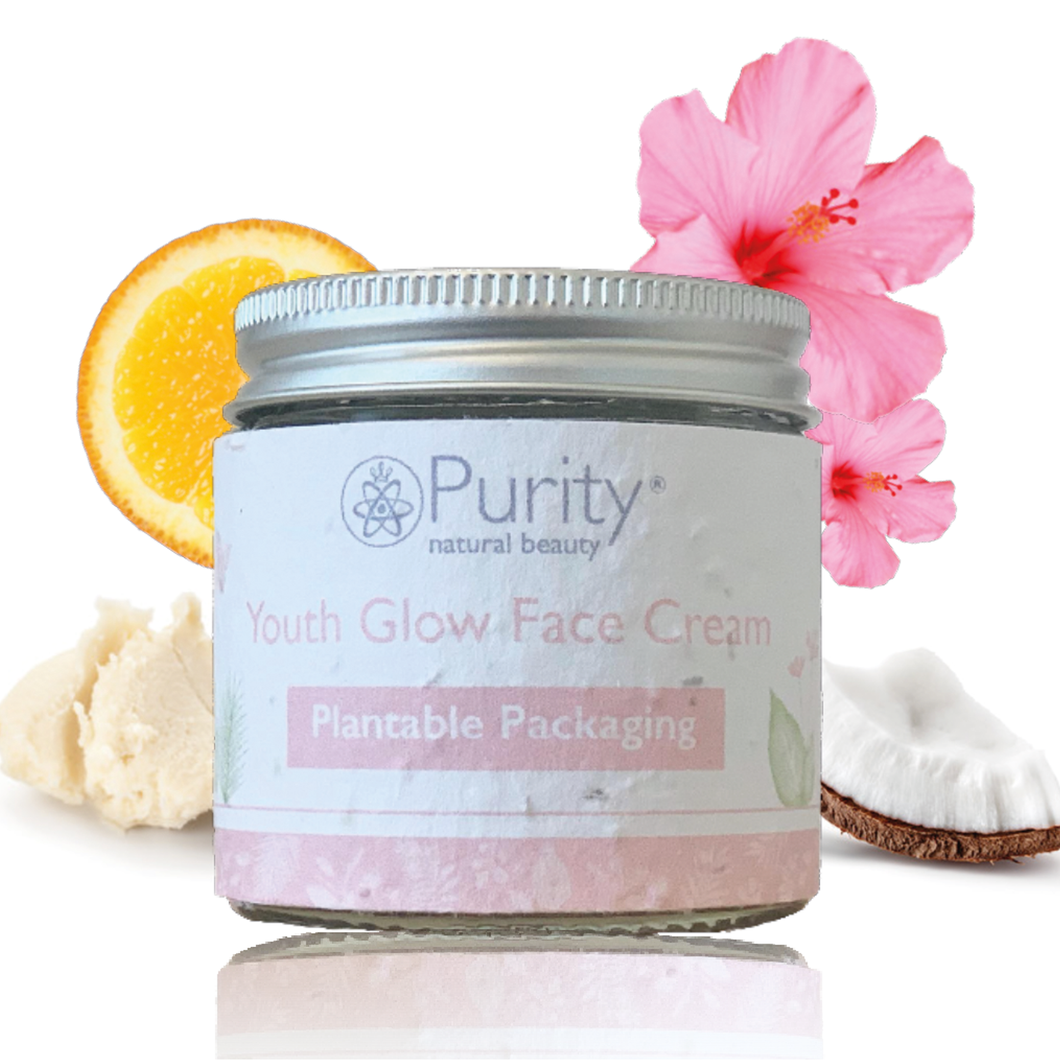 Pot of Purity's Youth Glow Face Cream with plantable packaging. Vegan and cruelty-free. Available at Lovethical along with plenty of other vegan and cruelty-free beauty products, makeup, make up, toiletries and cosmetics for all your gift and present needs. 