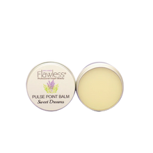 Load image into Gallery viewer, Flawless relaxing pulse point balm - sweet dreams. Image shows two tins of balm, one open and one closed. Vegan and cruelty-free. Available at Lovethical along with plenty of other vegan and cruelty-free beauty products, makeup, make up, toiletries and cosmetics for all your gift and present needs. 
