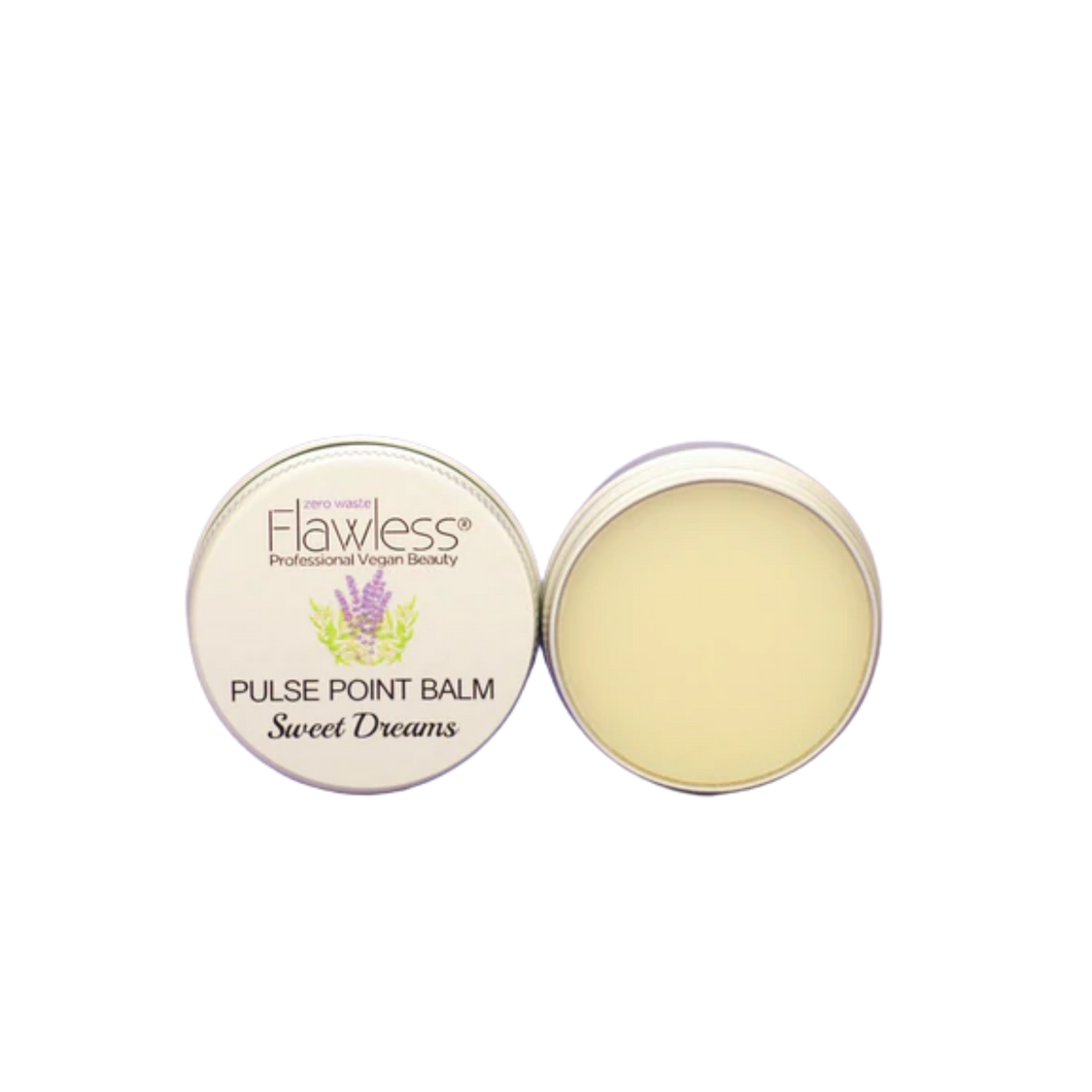 Flawless relaxing pulse point balm - sweet dreams. Image shows two tins of balm, one open and one closed. Vegan and cruelty-free. Available at Lovethical along with plenty of other vegan and cruelty-free beauty products, makeup, make up, toiletries and cosmetics for all your gift and present needs. 