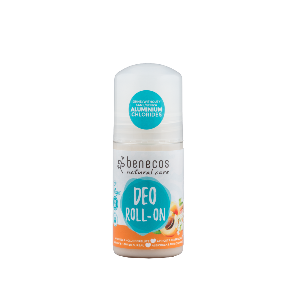 benecos deodorant - roll on - apricot and elderflower. Vegan and cruelty-free. Available at Lovethical along with plenty of other vegan and cruelty-free beauty products, makeup, make up, toiletries and cosmetics for all your gift and present needs. 