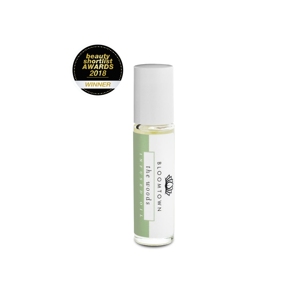 Bloomtown roll on infused oil - The Woods - vetiver and bergamot. Includes beauty shortlist Awards 2018 winner badge. Vegan and cruelty-free. Available at Lovethical along with plenty of other vegan and cruelty-free beauty products, makeup, make up, toiletries and cosmetics for all your gift and present needs. 