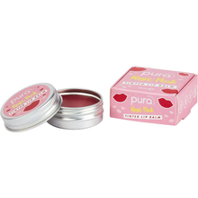 Load image into Gallery viewer, Pura Cosmetics pink tinted lip balm. Vegan and cruelty-free. Image shows an open tin of the lip balm alongside its cardboard outer packaging. Available at Lovethical along with plenty of other vegan and cruelty-free beauty products, makeup, make up, toiletries and cosmetics for all your gift and present needs. 
