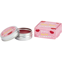 Pura Cosmetics pink tinted lip balm. Vegan and cruelty-free. Image shows an open tin of the lip balm alongside its cardboard outer packaging. Available at Lovethical along with plenty of other vegan and cruelty-free beauty products, makeup, make up, toiletries and cosmetics for all your gift and present needs. 