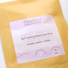 Load image into Gallery viewer, Flawless self-heating eye relaxing mask. Image shows a close-up of the packaging. Vegan and cruelty-free. Available at Lovethical along with plenty of other vegan and cruelty-free beauty products, makeup, make up, toiletries and cosmetics for all your gift and present needs. 
