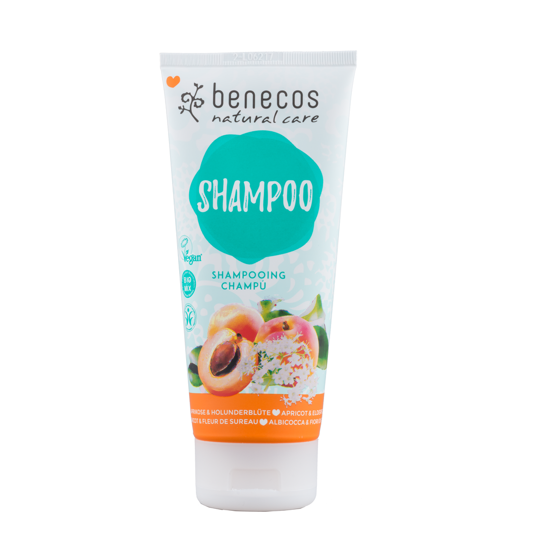 benecos shampoo - apricot and elderflower for all hair types. Vegan and cruelty-free. Available at Lovethical along with plenty of other vegan and cruelty-free beauty products, makeup, make up, toiletries and cosmetics for all your gift and present needs. 