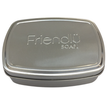 Load image into Gallery viewer, Friendly Soap travel tin unboxed. Vegan and cruelty-free. Available at Lovethical along with plenty of other vegan and cruelty-free beauty products, makeup, make up, toiletries and cosmetics for all your gift and present needs. 
