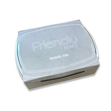 Load image into Gallery viewer, Friendly Soap travel tin boxed. Vegan and cruelty-free. Available at Lovethical along with plenty of other vegan and cruelty-free beauty products, makeup, make up, toiletries and cosmetics for all your gift and present needs. 
