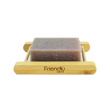 Load image into Gallery viewer, Friendly Soap bamboo soap rack unboxed with soap. Vegan and cruelty-free. Available at Lovethical along with plenty of other vegan and cruelty-free beauty products, makeup, make up, toiletries and cosmetics for all your gift and present needs. 
