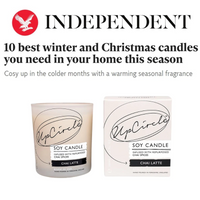 UpCircle chai latte soy wax candle. Vegan and cruelty-free. Image shows a snippet from The Independent listing the candle in its '10 best winter and Christmas candles you need in your home this season' article.