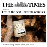 UpCircle chai latte soy wax candle. Vegan and cruelty-free. Image shows a snippet from The Times listing the candle in its 'five of the best Christmas candles' article.